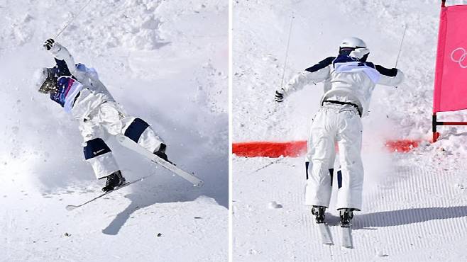 넘어지고, 구른 뒤 다시 일어나 뒤로 결승선을 통과한 일본 스키 모굴선수 호리시마 이쿠마. 사진=AFPBBNews