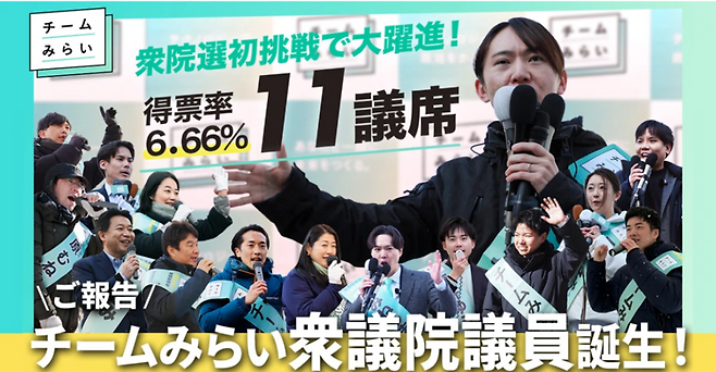 안노 다카히로 팀 미라이 대표(가운데)와 지난 8일 치러진 일본 중의원 선거에 출마한 팀 미라이 후보들. 지난해 5월 설립된 신생 정당인 팀 미라이는 이번 선거에서 비례대표 약 381만표(전체 득표율 6.66%)를 얻으며 11석을 획득했다. 출처=팀 미라이 홈페이지