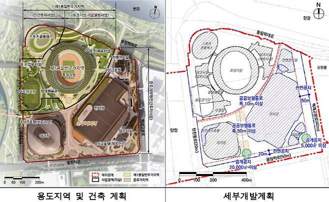 잠실마이스 복합개발 용도지역 및 건축 계획(왼쪽) 및 세부개발계획(오른쪽) (자료=서울시)