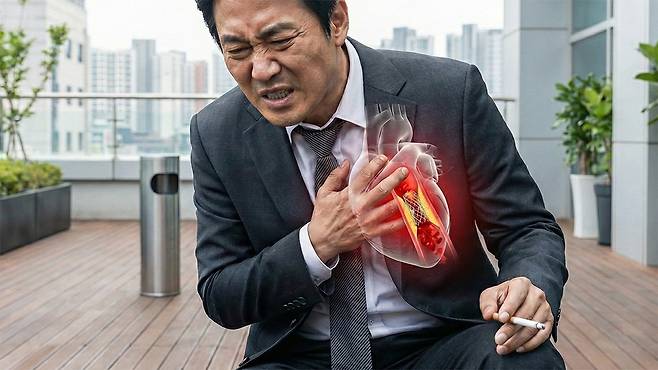 흡연은 혈관을 수축시키고 혈전을 만드는 위험 요인으로 스텐트 시술 후에는 반드시 금연해야 한다|출처: Gemini 생성