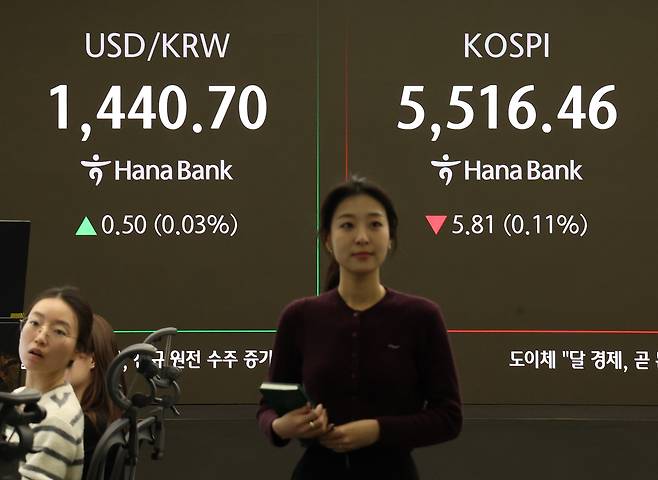 13일 서울 중구 하나은행 본점 딜링룸에서 직원들이 업무를 보고 있다. 이날 코스피는 전장보다 8.56포인트(0.16%) 내린 5,513.71로 시작해, 9시 10분 역대 최고치 5,558.82를 기록한 뒤 하락세를 보이고 있다. 원/달러 환율은 1.3원 오른 1,441.5원으로 시작했다. <연합뉴스>