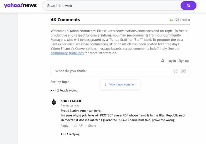 미 CBS 인터뷰 기사 아래 미국 포털 야후 뉴스에는 댓글이 3800개 넘게 달리며 엡스타인 사건을 둘러싼 책임 공방이 이어지고 있다. 야후 뉴스 캡처