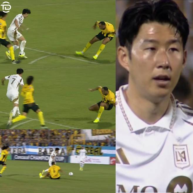 로스앤젤레스(LA) 손흥민이 18일(한국시간) 온두라스 산페드로술라의 프란시스코 모라산 경기장에서 열린 2026 CONCACAF 챔피언스컵 1라운드 1차전 레알 에스파냐전에서 전반 24분 간결한 페인팅으로 상대 수비 중심을 무너뜨리고 돌파에 성공하는 모습. /사진=TDTV SNS 캡처