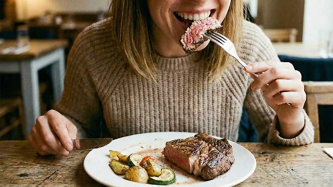 붉은 고기 섭취를 줄이고, 채소·생선 등이 포함된 지중해식 식단 섭취를 늘리는 것이 여성 뇌졸중 위험을 낮춘다는 연구가 발표되었다|출처: Gemini 생성