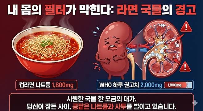 내 몸의 필터가 막힌다: 라면 국물의 경고. 제미나이 생성 그래픽