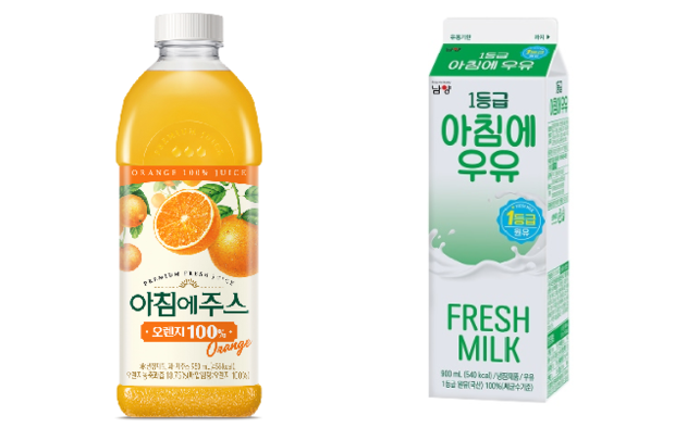 서울우유 아침에주스(왼쪽)와 남양유업 아침에우유. 사진 제공=서울우유·남양유업
