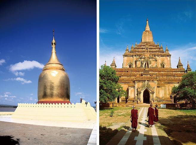 (좌) 바간에서 가장 오래된 사원 중 하나인 부파야 사원의 파고다 (우) 사원마다 각기 다른 형태의 불교 건축 디자인을 살피는 재미가 쏠쏠하다.
