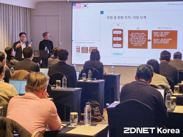 미국의 글로벌 정책 싱크탱크인 랜드 연구소(RAND)가 25일 서울 강남구 AC 호텔 바이 메리어트에서 열린 'AI 보안 워크숍'에서 AI 보안 가이드를 중심으로 조직의 AI 보안 태세를 진단하는 방법론을 소개하고 있다. 2026.2.25