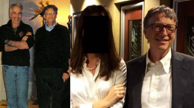 왼쪽은 억만장자 성범죄자 엡스타인과 빌 게이츠, 오른쪽은 엡스타인 파일에서 발견된 빌 게이츠 사진