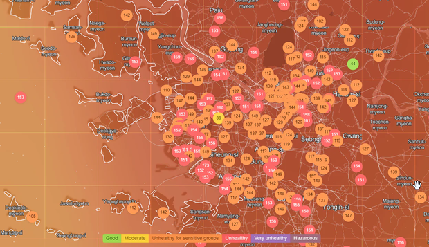 지난 20일 대한민국 인천의 대기질 지도. IQAir 제공