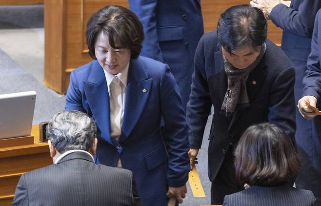 국회 법사위원장인 추미애 더불어민주당 의원(왼쪽)이 26일 국회에서 열린 2월 임시국회 8차 본회의에서 전날 상정된 형법 개정안 수정안(법왜곡죄)에 대한 무제한 토론(필리버스터) 종결을 위한 투표를 하고 있다. 연합뉴스