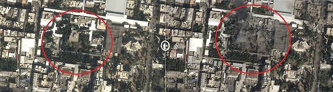 28일(현지시간) 미국과 이스라엘의 공습을 받은 이란의 최고지도자 하메네이의 거처를 찍은 위성사진. 공습 이후(오른쪽) 하메네이의 거처는 완전히 파괴된 상태로 검은 연기가 피어오르고 있다. CNN 홈페이지