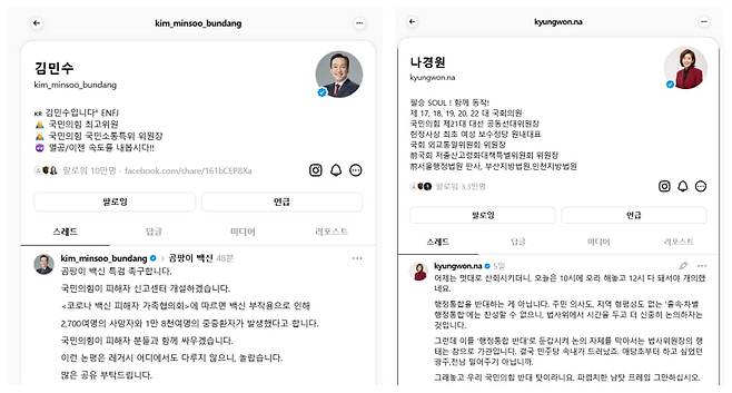 국민의힘 김민수 최고위원의 스레드(왼쪽)와 나경원 의원의 스레드 화면. /스레드 캡처