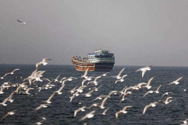 2일(현지시간) 미국·이스라엘과 이란 간 충돌이 이어지는 가운데 오만 무산담에서 바라본 호르무즈 해협에서 배 한 척 주변으로 새들이 날고 있다. 로이터 연합뉴스