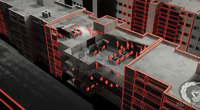 이스라엘 국방부(IDF)가 일러스트레이션으로 공개한 이란 하메네이와 수뇌부들의 지하 회의실 모습. 사진 출처 이스라엘군 X