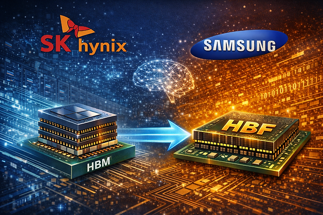 HBM 중심의 AI 메모리 구조가 차세대 기술인 HBF 등 새로운 메모리 계층으로 확장될 가능성이 제기되고 있다. 삼성전자와 SK하이닉스가 차세대 AI 메모리 경쟁을 준비하고 있다./ChatGPT이미지