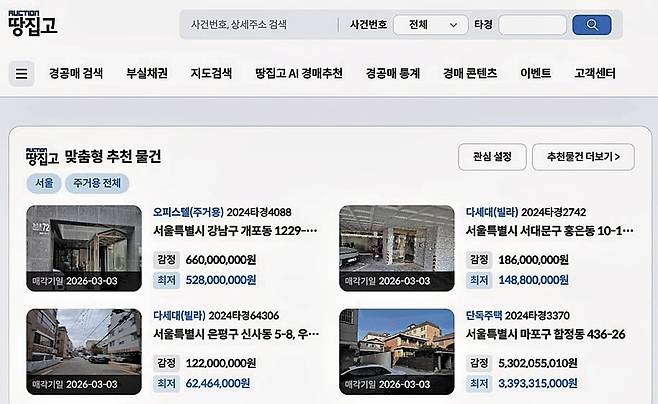 돈되는 물건을 맞춤 추천해 주는 방식으로 전면 개편한 땅집고옥션 홈페이지 첫 화면. /땅집고옥션