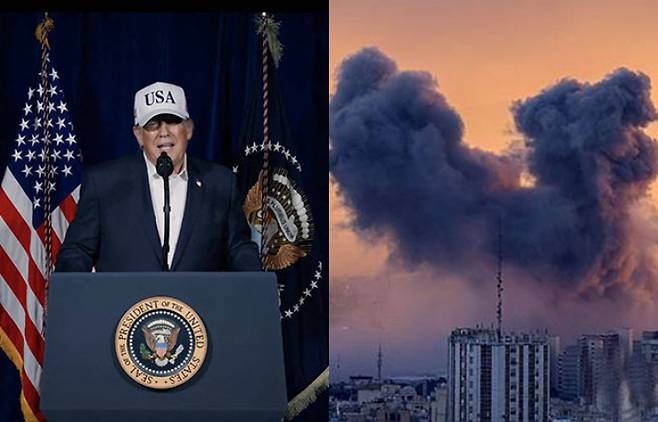 트럼프 미국 대통령·연기 피어오르는 테헤란 시내. 연합뉴스