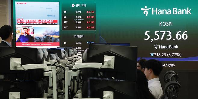 4일 중구 하나은행 본점 딜링룸 전광판에 실시간 코스피가 표시돼 있다. ⓒ 연합뉴스