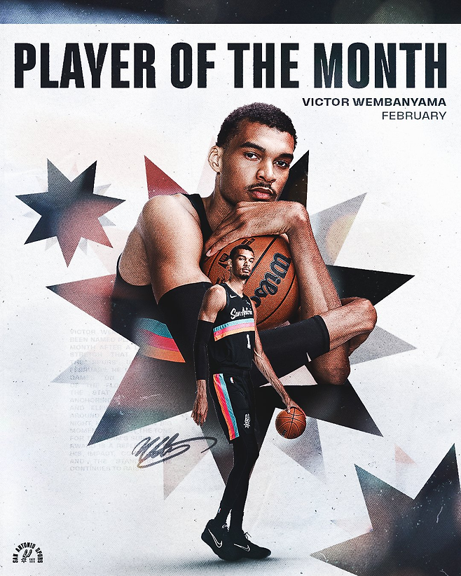 샌안토니오 빅터 웸반야마가 월간 MVP와 수비상을 독식했다. 샌안토니오 SNS