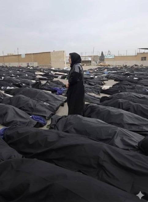 미군 폭격으로 희생된 이란 어린이 장례식 사진, 오른쪽 아래 마름모 모양은 구글 AI 제미나이로 딥페이크 이미지를 만들 때 나오는 워터마크다./X