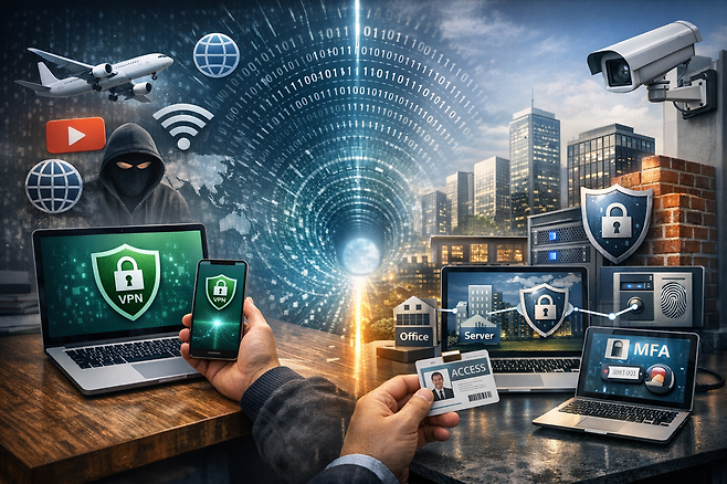 개인용 VPN과 기업용 VPN은 암호화된 통신 터널을 만든다는 기술적 기반은 같지만, 역할과 이용 목적은 다르다. / 챗GPT 생성