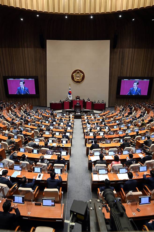 이재명 대통령은 지난 2022년 9월 28일 더불어민주당 대표 시절 서울 국회의사당에서 열린 본회의에서 교섭단체 대표 연설을 하는 모습. /공동취재 뉴스1