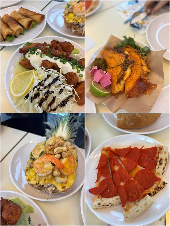 10일 개관한 울산 세계음식문화관의 대표 음식들. 시계 방향으로 치킨난반(일본)과 짜조(베트남), 비리아 타코(멕시코), 페퍼로니 피자(이탈리아), 카우팟 쌉빠롯(태국). 사진=최수상 기자