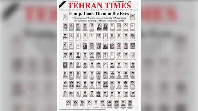 현지 시각 9일, 이란 매체 ‘Tehran Times’가 1면에 게재한 이란 남부 미나브 초등학교 공습 피해자 사진들