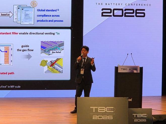 박기수 SK온 미래기술원장(CTO)이 11일 서울 강남구 코엑스에서 열린 인터배터리 2026 더배터리컨퍼런스에서 발표하고 있다. ⓒ데일리안 정진주 기자