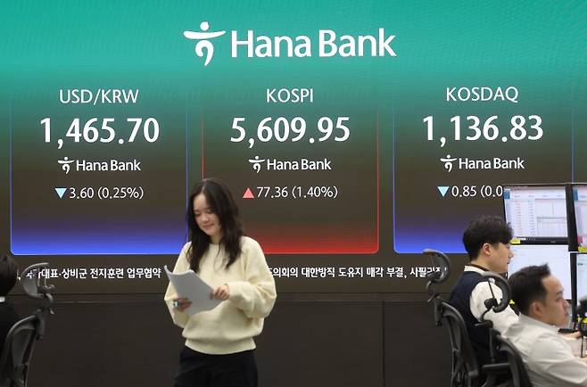 11일 서울 중구 하나은행 딜링룸에서 직원들이 업무를 보고 있다. 이날 코스피는 전 거래일 대비 77.36p(1.40%) 오른 5609.95에 장을 마쳤다. /사진=연합뉴스
