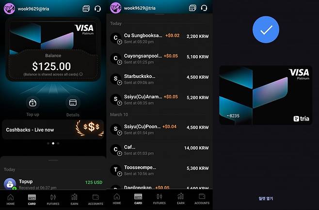 비자와 협력한 코인 카드를 이용해 국내 소재 편의점, 카페 등 다수 매장에서 결제를 완료했다. / 사진=진욱 블루밍비트 기자