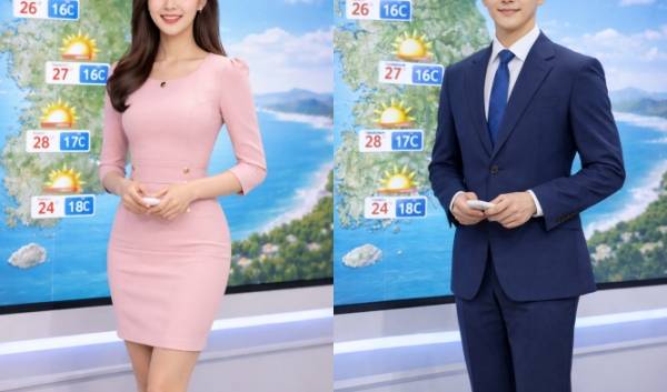 ▲ 생성형 AI인 챗GPT로 생성한 '여성 기상캐스터'(왼쪽)와 '남성 기상캐스터' 이미지. 의상에 관해 별도의 조건을 제시하지 않자 여성은 몸에 딱 달라붙는 원피스를, 남성은 재킷이 포함된 정장을 갖춰 입은 모습으로 구현됐다.