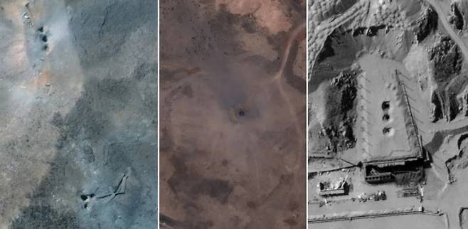 이란 핵시설 공습 이후 위성사진 비교. 왼쪽부터 포르도, 나탄즈, 파르친 군사단지 ‘탈레간2’ 시설 모습으로 마지막 사진에서는 시설 상부에 대형 충돌 흔적 3개가 확인된다. 반토르