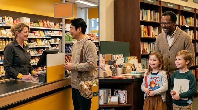 미국과 유럽의 몇몇 기업들은 무인계산대와 키오스크 대신 계산원을 고용하고 서점 운영진이 꼽은 추천 도서를 매대에 올린다. 기사의 내용을 바탕으로 생성한 이미지. 제미나이