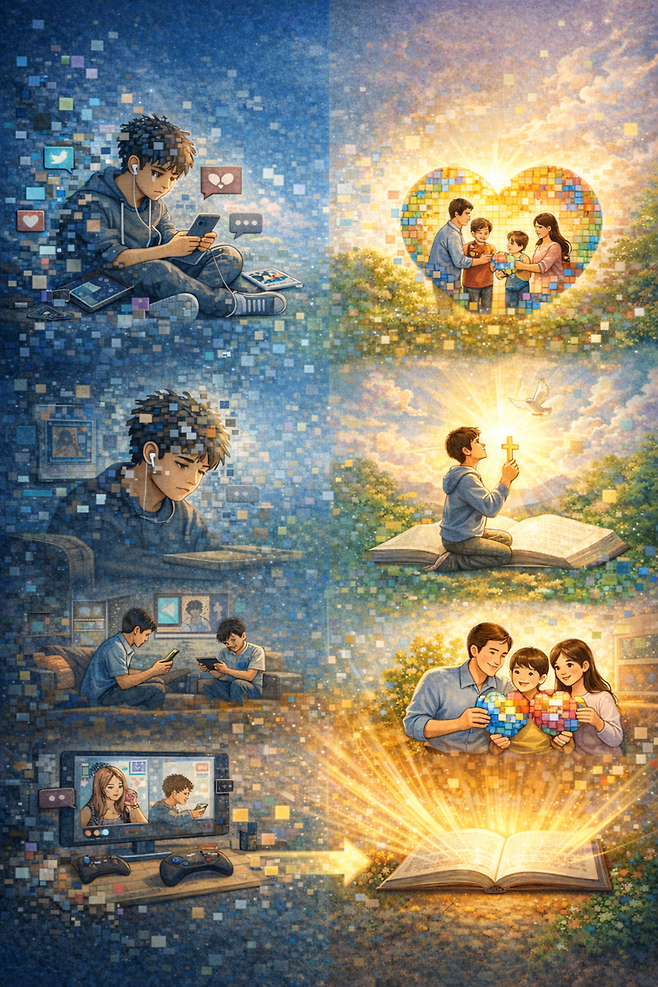 이른바 ‘픽셀 라이프’에서 벗어나 바람직한 가정으로의 전환을 묘사한 AI 이미지.