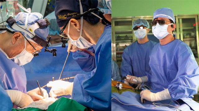 간이식 집도 중인 조재원 센터장·이지수 교수. 오른쪽은 순수 복강경 기증자 간절제술 중인 안성효 교수./삼성창원병원/