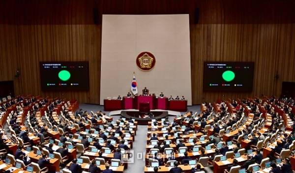 대한민국 반도체 기업들이 규제라는 악조건 속에서도 독보적인 기술력으로 ‘세계 1위’의 위상을 지켜내고 있다. 하지만 이들을 뒷받침해야 할 정부 정책은 수년째 ‘직접 보조금 불가’라는 원칙만 되풀이하며 기업의 발목을 잡고 있다. 사진은 국회 본회의장 모습. /사진=미디어펜 김상문 기자