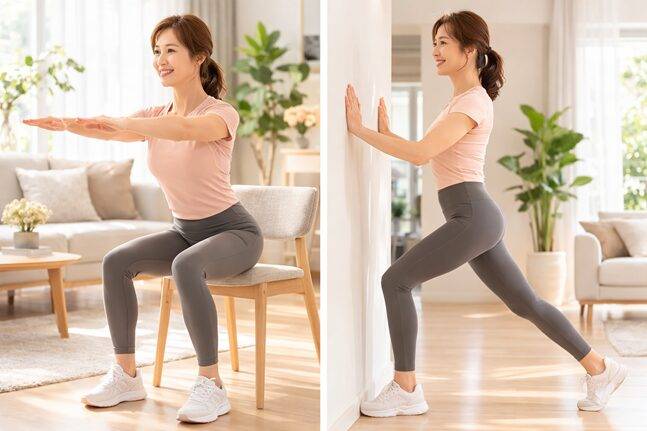 중년에는 근육, 특히 하체 근육이 건강 수명을 좌우한다. 의자를 활용한 스쿼트, 벽에 기댄 런지는 초보자도 하기 좋다. 사진=챗GPT 생성