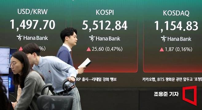중동상황이 장기화 우려가 커지고 있는 가운데 코스피는 5500선을 회복하며 출발한 16일 서울 하나은행 본점 딜링룸에서 직원들이 증시와 환율 등을 모니터 하고 있다. 이날 코스피는 전 거래일 대비 23.58p(0.43%) 오른 5510.82 장을 시작했다. 2026.3.16 조용준 기자
