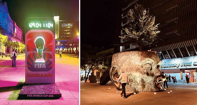 (좌) 북중미 월드컵 개최일까지의 D-Day를 알리는 전광판 (우) 인상적인 조형물이 설치된 도심 공원