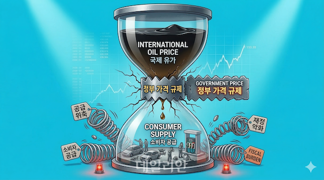 가격 통제로 인해 원유 공급망(모래시계 병목)이 꽉 막혀, 소비자에게는 원유가 '방울방울' 떨어지는 공급 위축 상황을 시각화했다. 주변의 균열과 엉킨 코일은 공급망 위축과 재정 부담이라는 부작용의 청구서를 경고한다. ⓒ제미나이