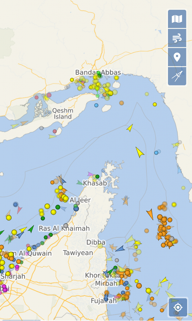 16일(현지시간) 베셀파인더에 표시된 호르무즈 해협 현황.