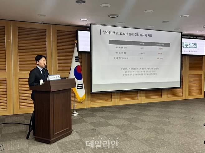 이한결 대한의사협회(의협) 정책이사가 17일 서울 여의도 국회의원회관에서 열린 토론회에서 주제발표를 하고 있다. ⓒ데일리안 김효경 기자