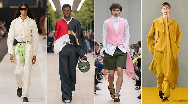 올해 봄여름(SS) 시즌 글로벌 럭셔리 브랜드들은 남성 스카프의 크기를 키워 목뿐만 아니라 어깨, 허리까지 내려오거나 마치 옷의 한 부분처럼 여겨지는 방식의 스타일링을 제안했다. 왼쪽부터 메종 마르지엘라, 셀린느, 디올 맨, 크레이그 그린에서 선보인 남성 스카프의 런웨이 연출 모습. 각 사 제공