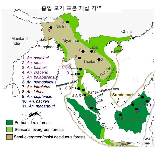 검은 점은 채집지, 점 옆의 숫자는 해당 채집지에서 수집된 모기 종을 나타낸다. 파란색은 영장류, 보라색은 인간, 빨간색은 혼합 흡혈종이다. scientific reports