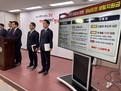 박완수 경남도지사 등이 19일 도청에서 생활지원금 지급 계획을 밝히고 있다. 연합뉴스