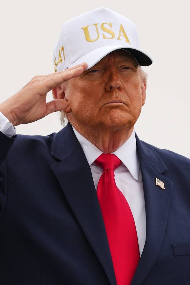 도널드 트럼프 미국 대통령이 지난 7일(현지 시간) 미 델라웨어주 도버 공군기지에서 열린 전사자 유해 송환식에서 경례를 하고 있다. /사진=뉴시스