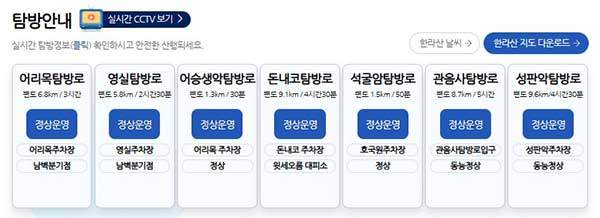 *한라산은 기상청 기상특보 시 탐방이 통제될 수 있다. 특히 겨울철에는 탐방로 통제가 빈번하게 일어나므로 탐방 당일 통제 여부를 확인해야 한다. 출처. 한라산국립공원 홈페이지(www.jeju.go.kr)