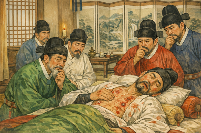 조선의 세조는 어린 단종을 폐위시킨 후 왕위에 올랐지만, 극심한 스트레스와 불면증에 시달렸고, 온몸의 통증과 더불어 피부에 피고름이 나는 풍습병(風濕病)을 앓았다. 결국 세조는 평생을 알 수 없는 병마와 싸우다가 죽었다. 챗GPT에 의한 AI생성 이미지.